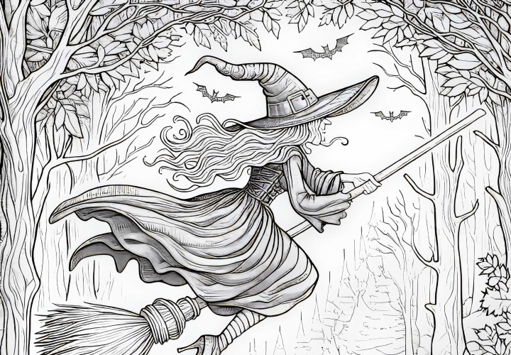 Hexe fliegt auf Besen durch den düsteren Wald: Ausmalbild zum Download (Kostenlos)