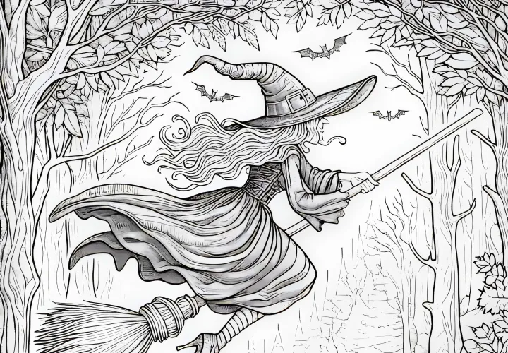 Hexe fliegt auf Besen durch den düsteren Wald: Ausmalbild zum Download (Kostenlos)