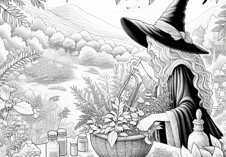 Hexe pflückt Kräuter in verwunschenem Garten: Ausmalbild zum Download (Gratis)