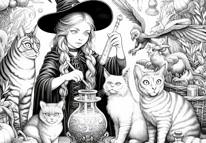 Hexe testet Zaubertrank mit Tieren und magischen Kreaturen: Gratis Ausmalbild