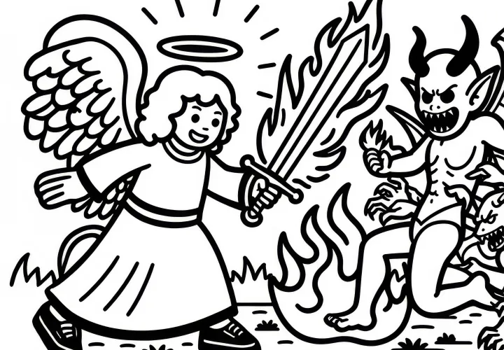 Engel vecht met een vlammend zwaard tegen demonen: gratis kleurplaat