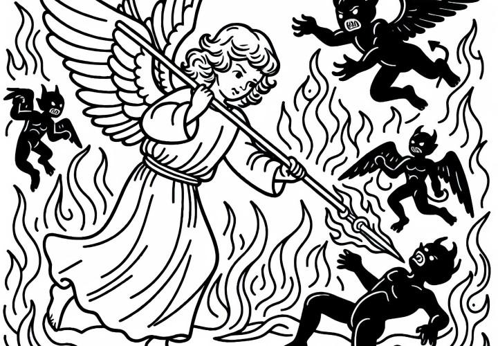 Engel kämpft mit flammendem Speer gegen dunkle Kreaturen: Malvorlage zum Download (Gratis) Engel kämpft mit flammendem Speer gegen dunkle Kreaturen: Malvorlage zum Download (Gratis)