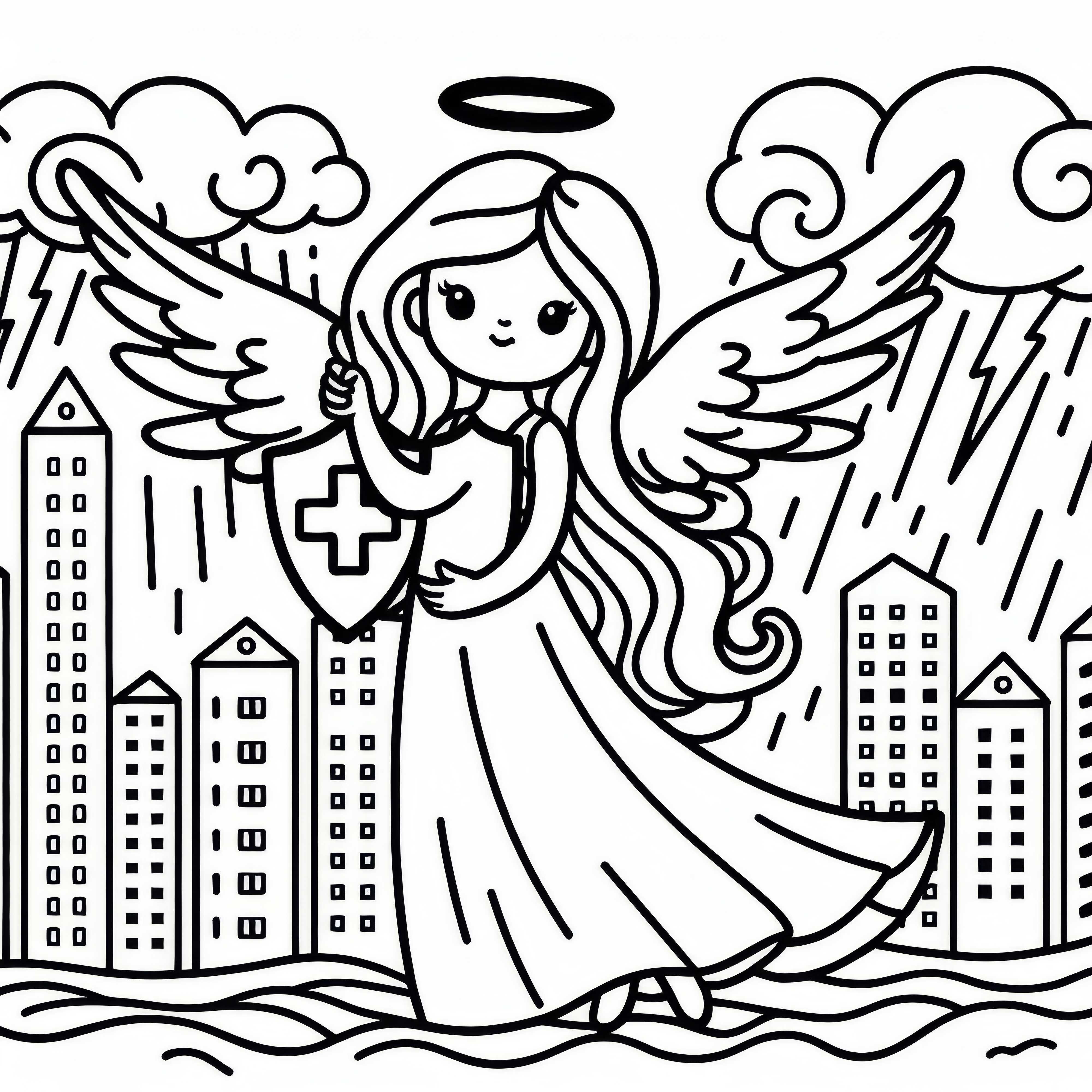 Angelo protegge la città con le ali spiegate da una tempesta in arrivo: disegno da colorare gratuito