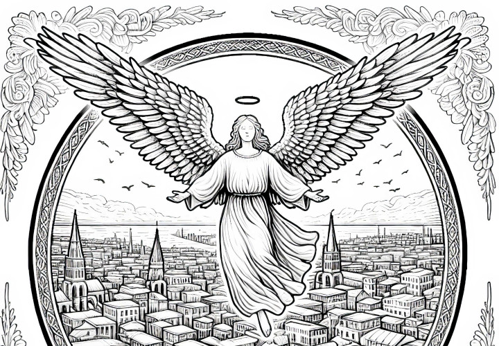 Engel schwebt mit ausgebreiteten Flügeln über Stadt: Ausmalbild zum Download (Gratis) Engel schwebt mit ausgebreiteten Flügeln über Stadt: Ausmalbild zum Download (Gratis)