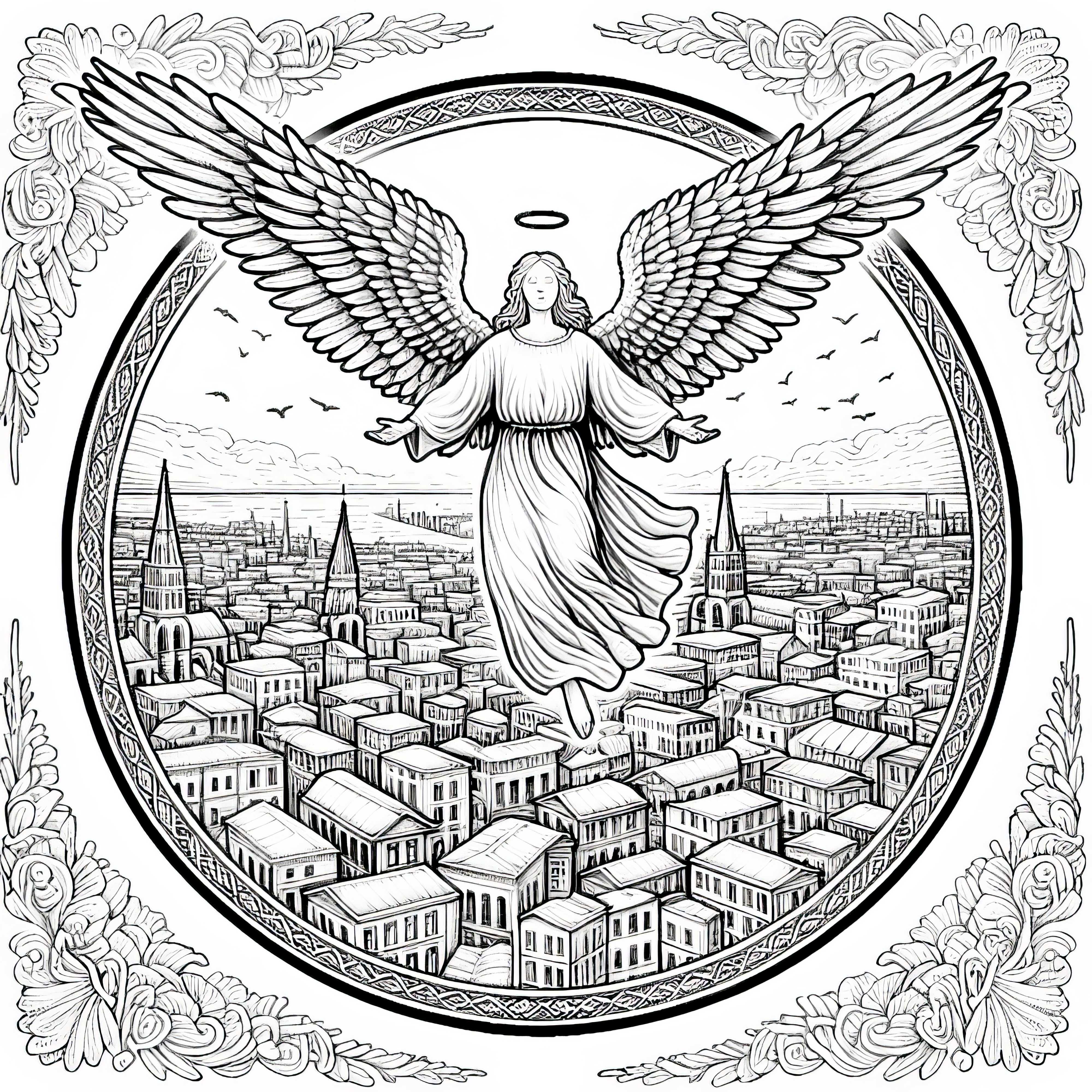 Angelo che si libra con le ali spiegate sopra la città: disegno da colorare da scaricare (gratis)