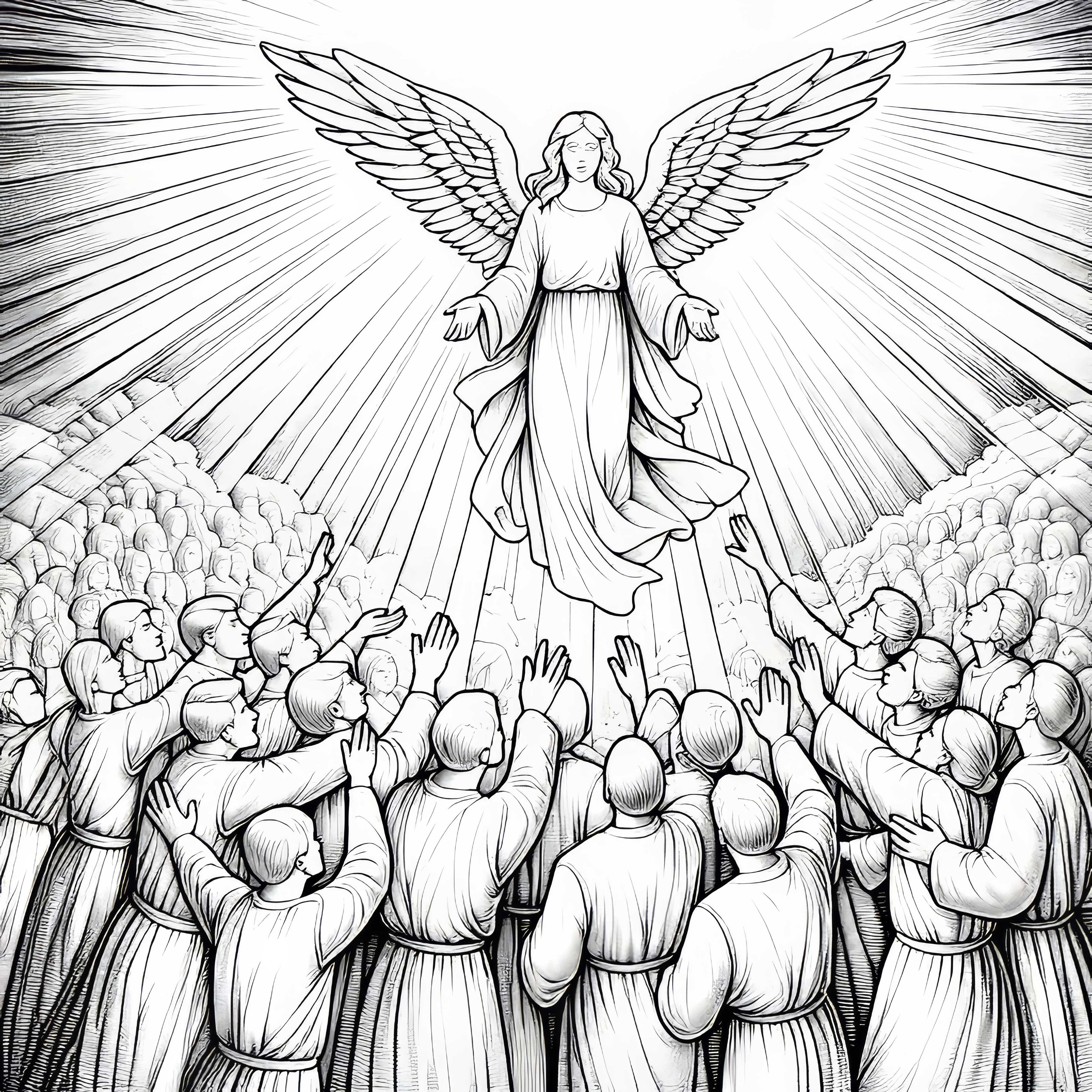 Angelo che benedice un gruppo di persone: disegno da colorare dettagliato (gratuito)