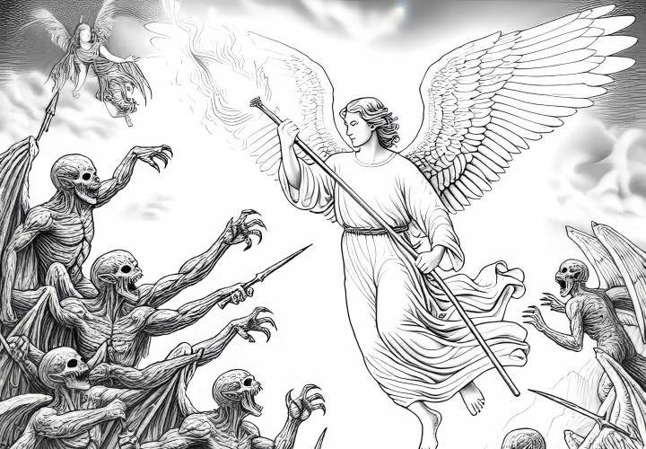 Engel kämpft flammendem Speer gegen dunkle Kreaturen als Ausmalbild (Gratis) Engel kämpft flammendem Speer gegen dunkle Kreaturen als Ausmalbild (Gratis)
