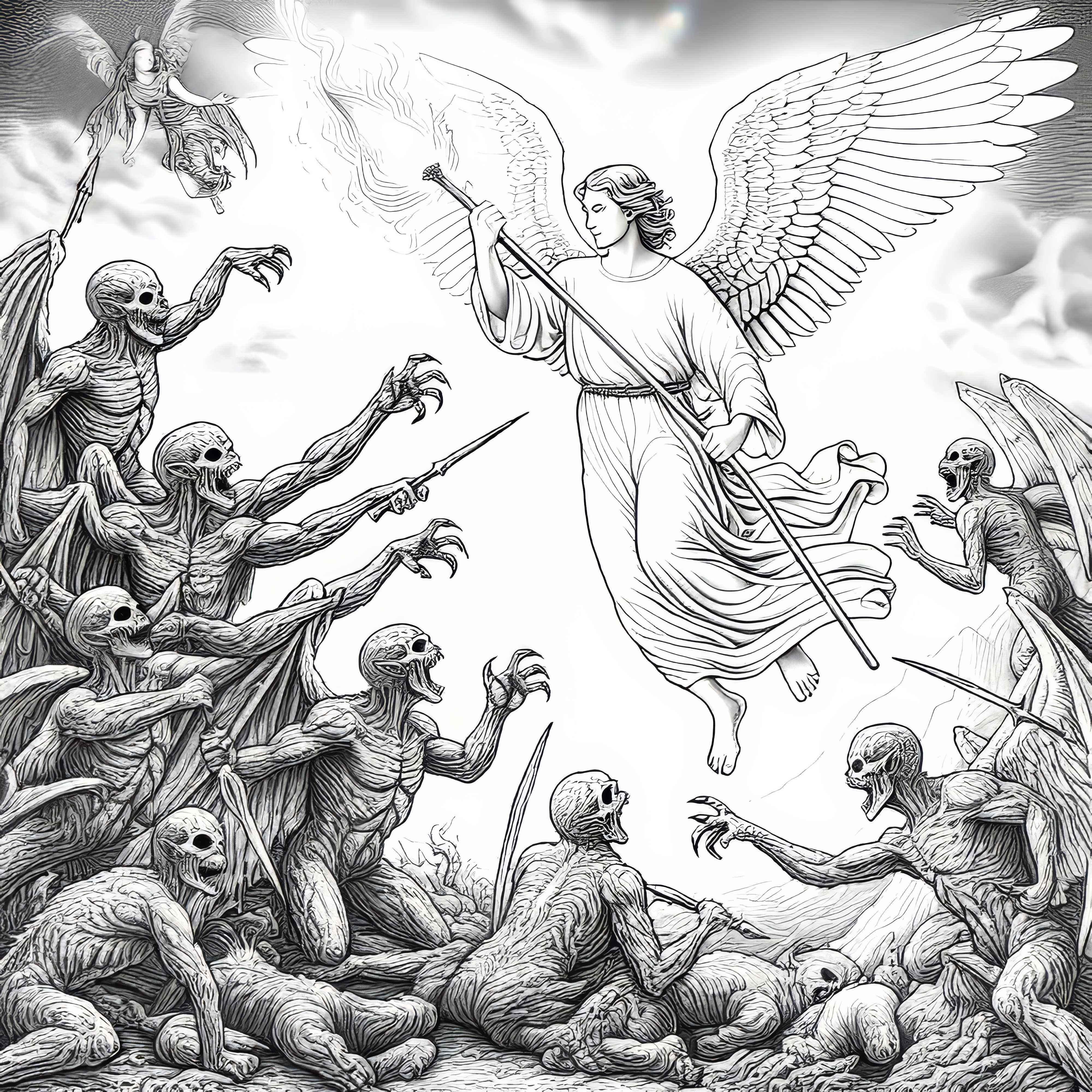 Angelo che combatte con una lancia fiammeggiante contro creature oscure – disegno da colorare (gratis)