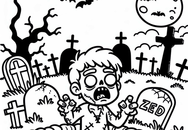 Zombi emerge de la tumba en un cementerio lúgubre: dibujo para colorear gratuito Zombi se levanta de la tumba en un cementerio lúgubre: dibujo para colorear gratuito