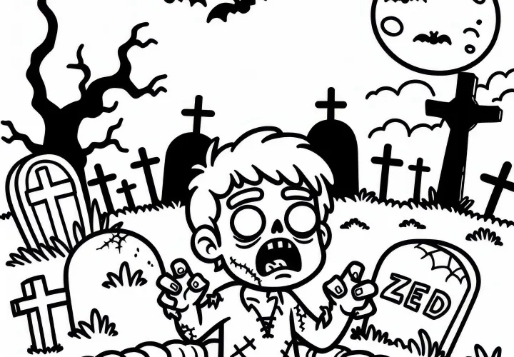 Zombie vstáva z hrobu na pochmúrnom cintoríne: bezplatná omaľovanka