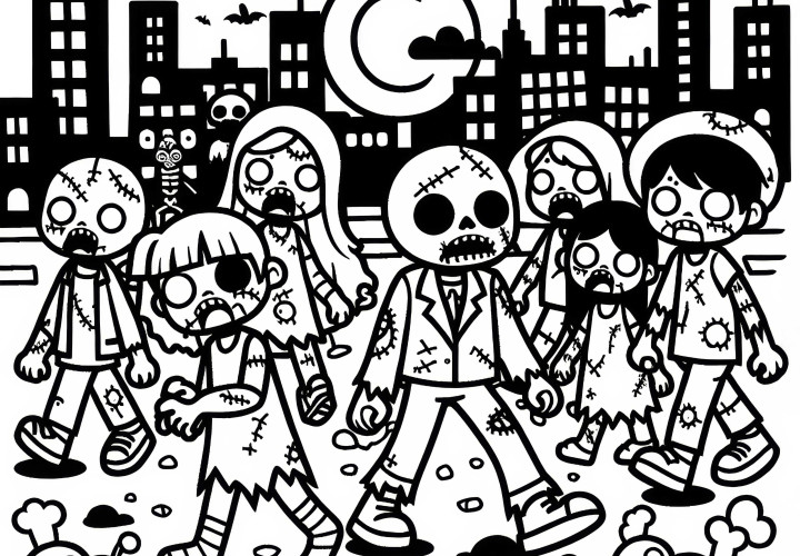 Zombis marchan por una ciudad abandonada de noche: plantilla gratuita para colorear Zombis marchan por una ciudad abandonada de noche: plantilla gratuita para colorear