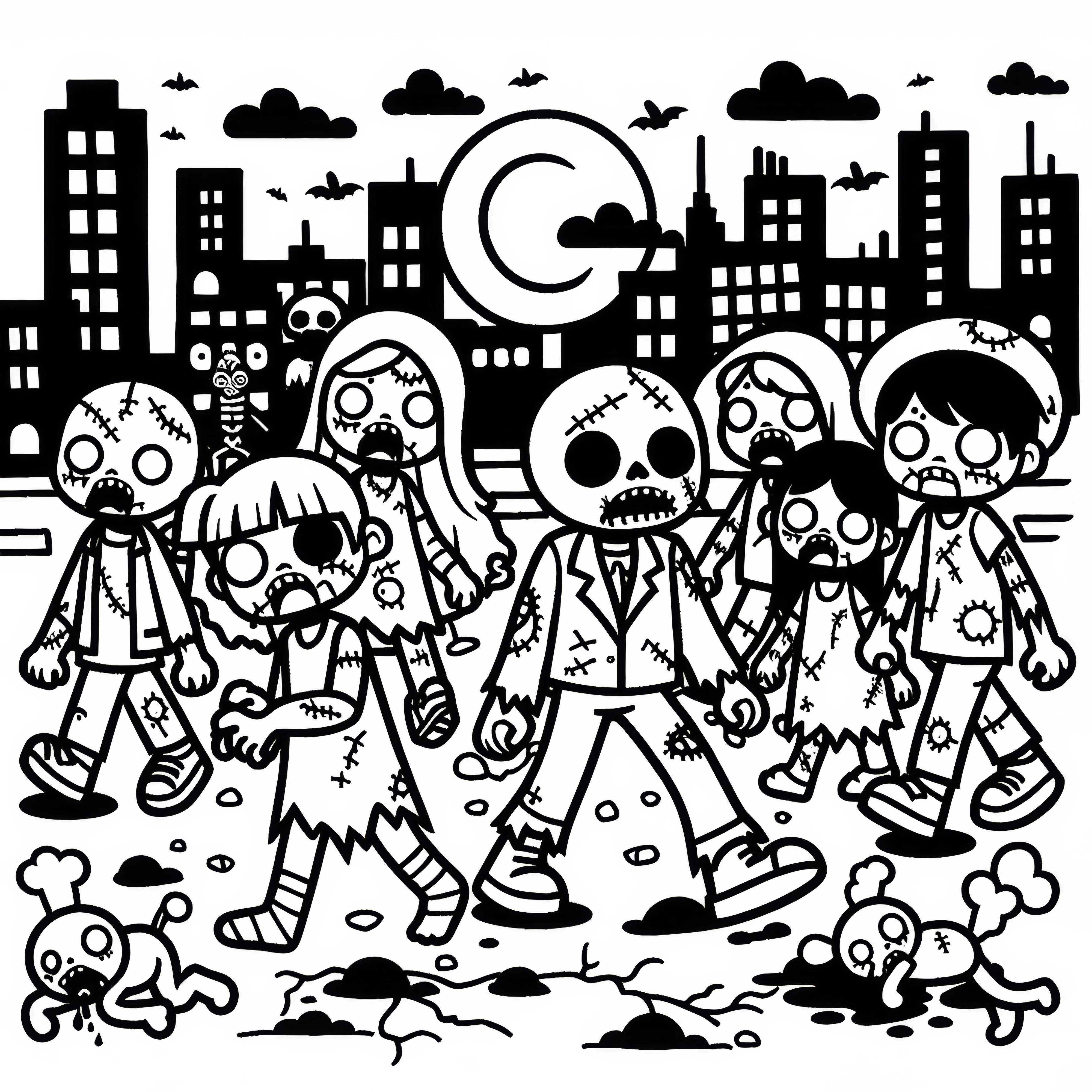 Zombis marchan por una ciudad abandonada de noche: plantilla gratuita para colorear