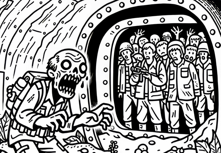 Zombie ataca a un grupo de supervivientes en un búnker de protección: plantilla para colorear para descargar (gratis) Zombie ataca a un grupo de supervivientes en un búnker de protección: plantilla para colorear para descargar (gratis)