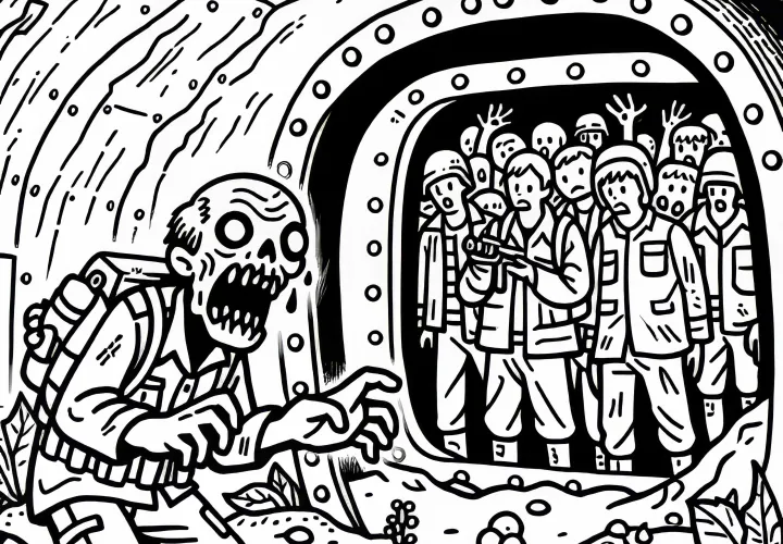 Zombie útočí na skupinu preživších v ochrannom bunkri: omaľovanka na stiahnutie (zadarmo)