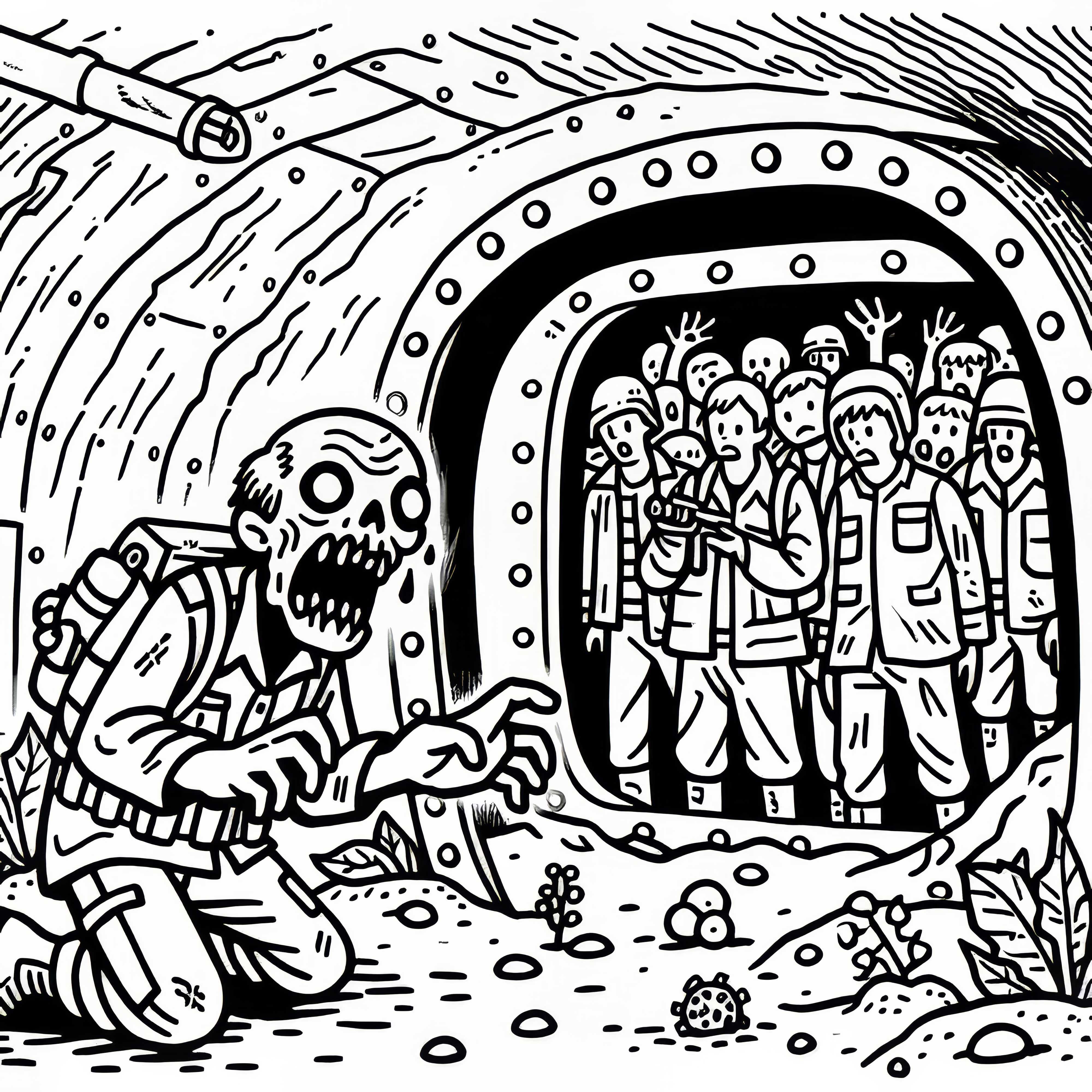 Zombi ataca a un grupo de supervivientes en un búnker de protección: plantilla para colorear para descargar (gratis)