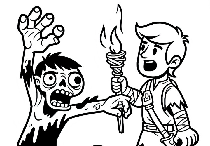 Un zombi ataca a un héroe que se defiende con una antorcha: plantilla para colorear para descargar (gratis) Zombi ataca a un héroe que se defiende con una antorcha: plantilla para colorear para descargar (gratis)