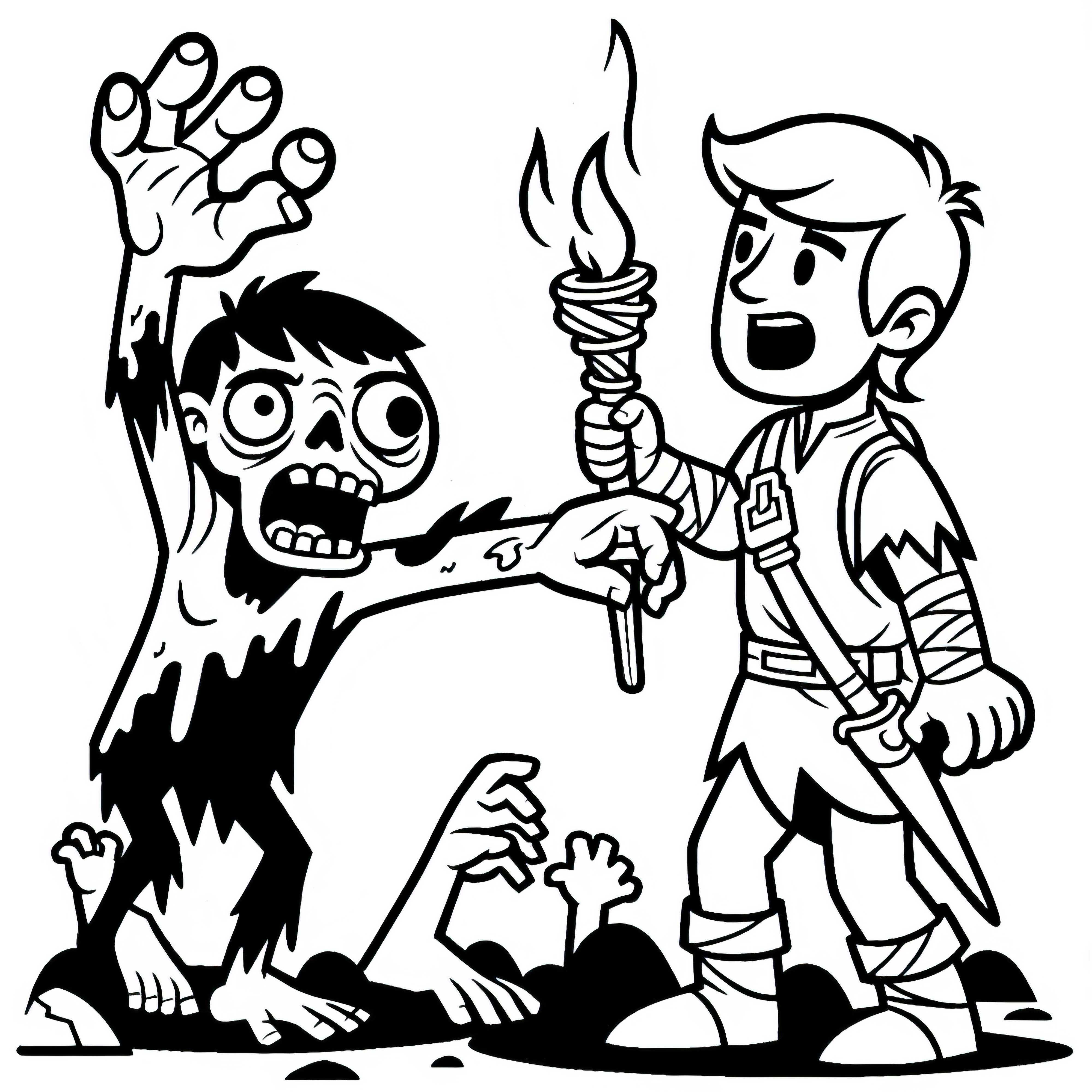 Zombi ataca a un héroe que se defiende con una antorcha: plantilla para colorear para descargar (gratis)