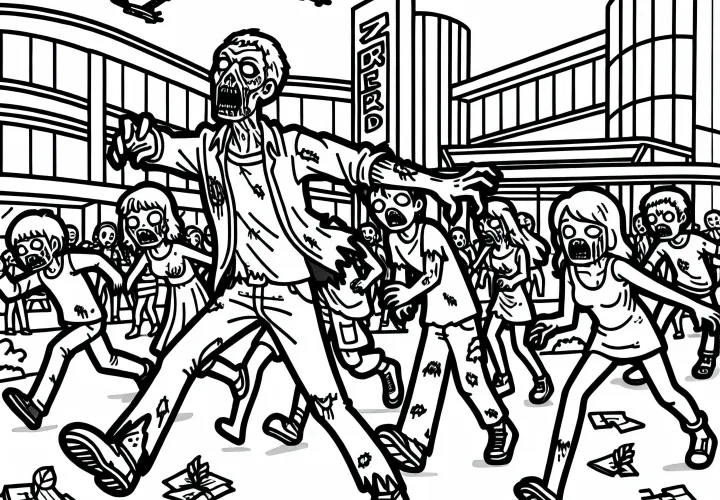 Zombie útočí na skupinu preživších v nákupnom centre: omaľovánka na stiahnutie (zadarmo)
