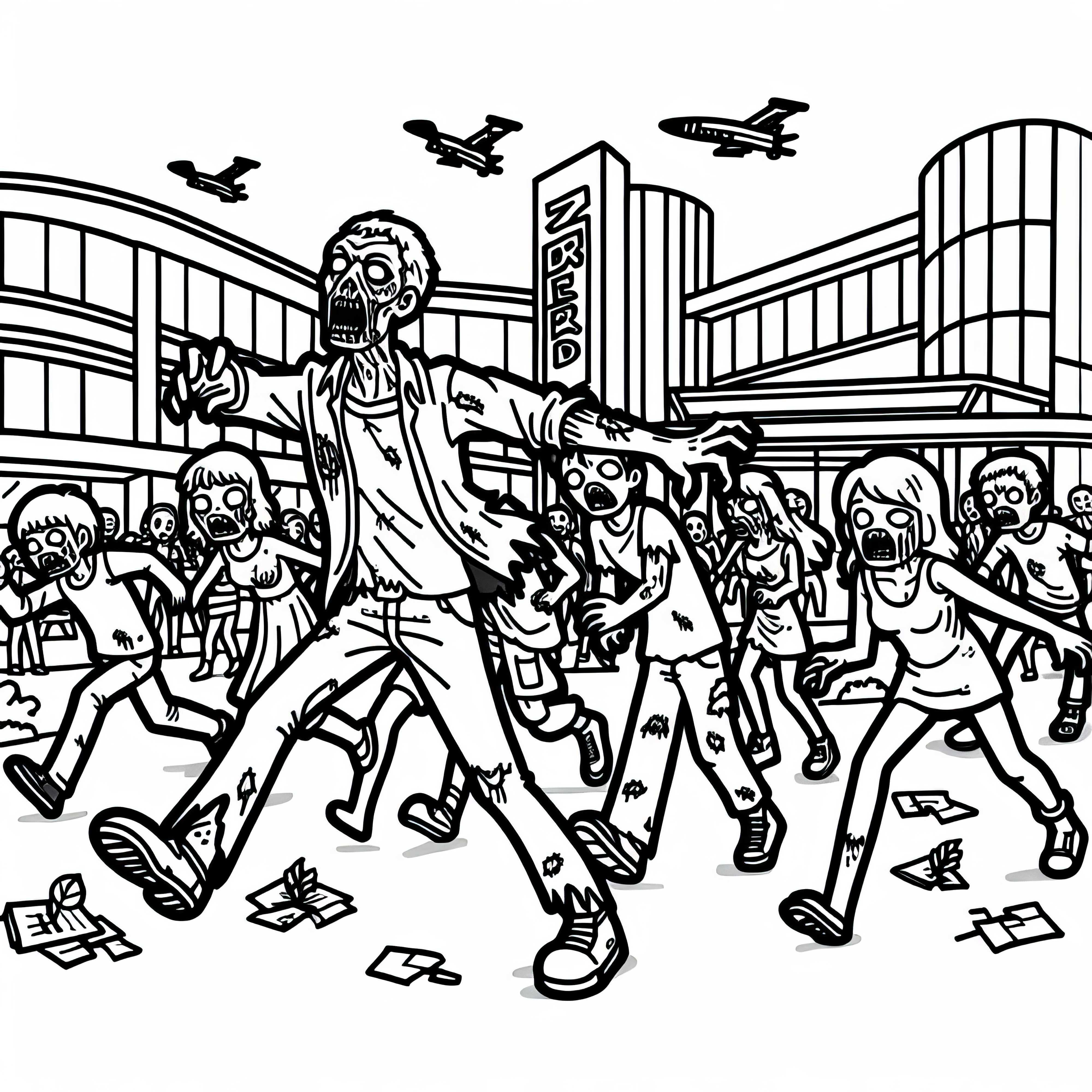 Zombi ataca a un grupo de supervivientes en un centro comercial: lámina para colorear para descargar (gratis)