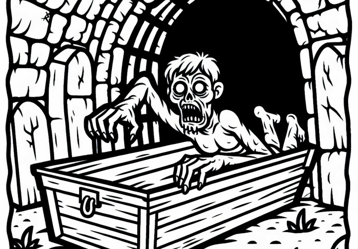 Zombi gatea fuera de un ataúd abierto en una cripta abandonada: dibujo para colorear gratis Zombi sale arrastrándose de un ataúd abierto en una cripta abandonada: dibujo para colorear gratuito