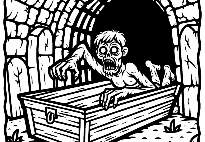 Zombie sa plazí von z otvorenej rakvy v opustenej krypte: Bezplatná omaľovanka