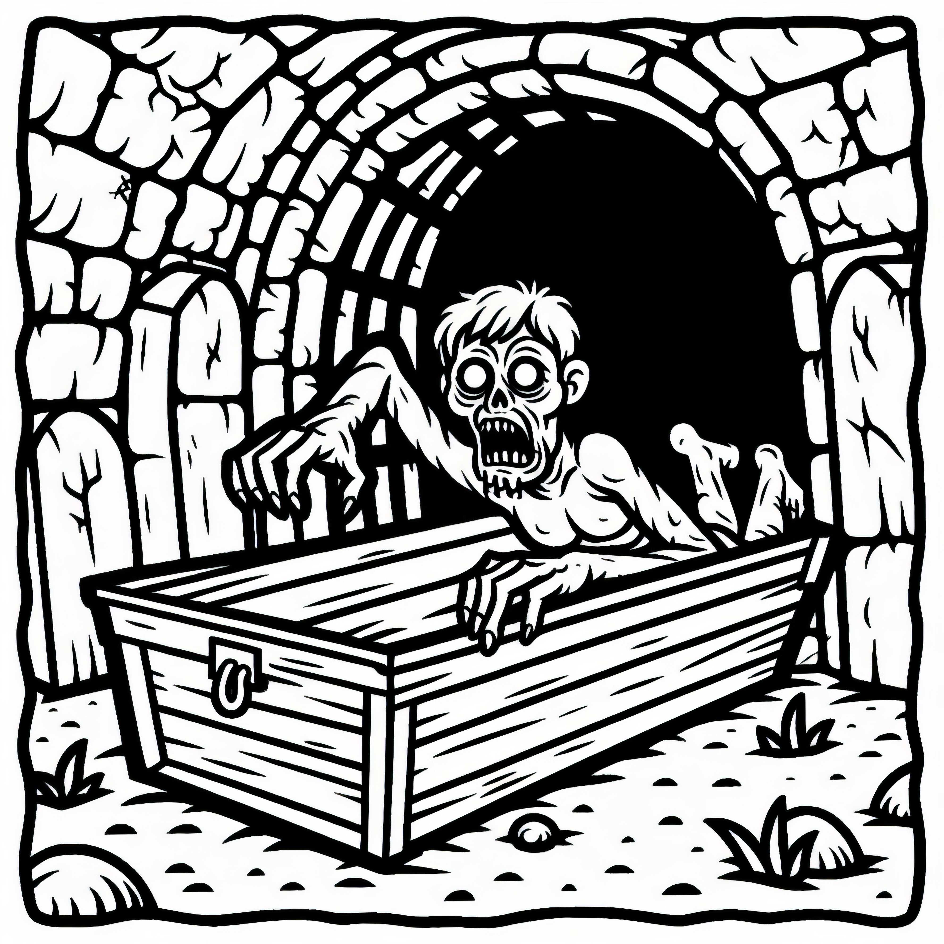 Zombi que se arrastra fuera de un ataúd abierto en una cripta abandonada: dibujo para colorear gratuito