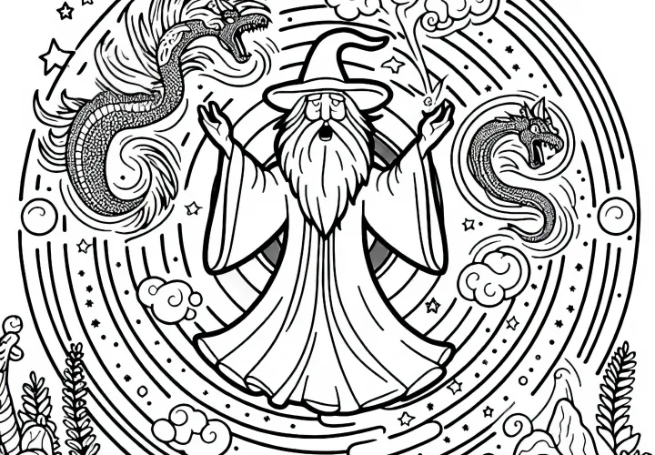 Čaroděj se vznáší v magickém kruhu a vyvolává mocné bytosti jako omalovánku (zdarma)