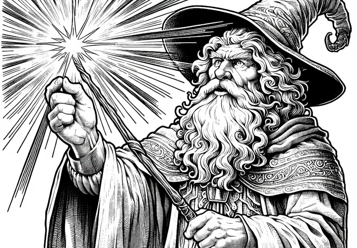 Kouzelník drží zářící kouzelnou hůlku a vypouští magii jako omalovánku (zdarma)