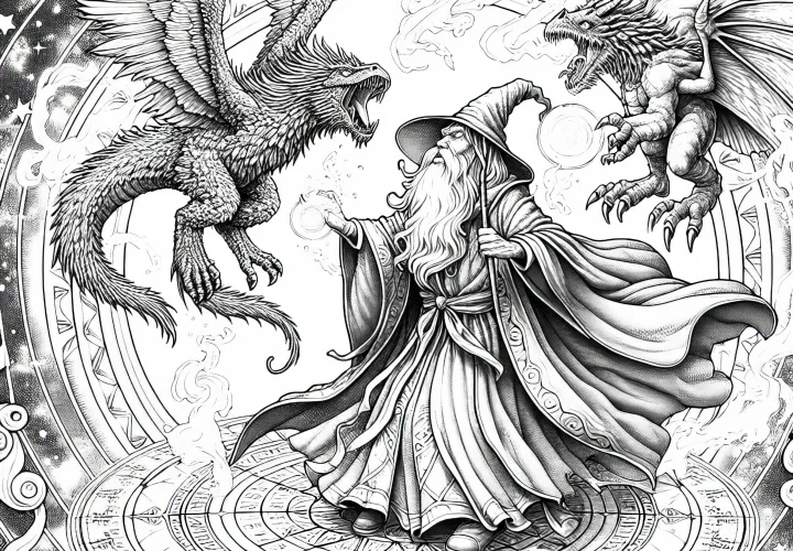 Čaroděj se vznáší v magickém kruhu a vyvolává mocné bytosti: Zdarma omalovánka