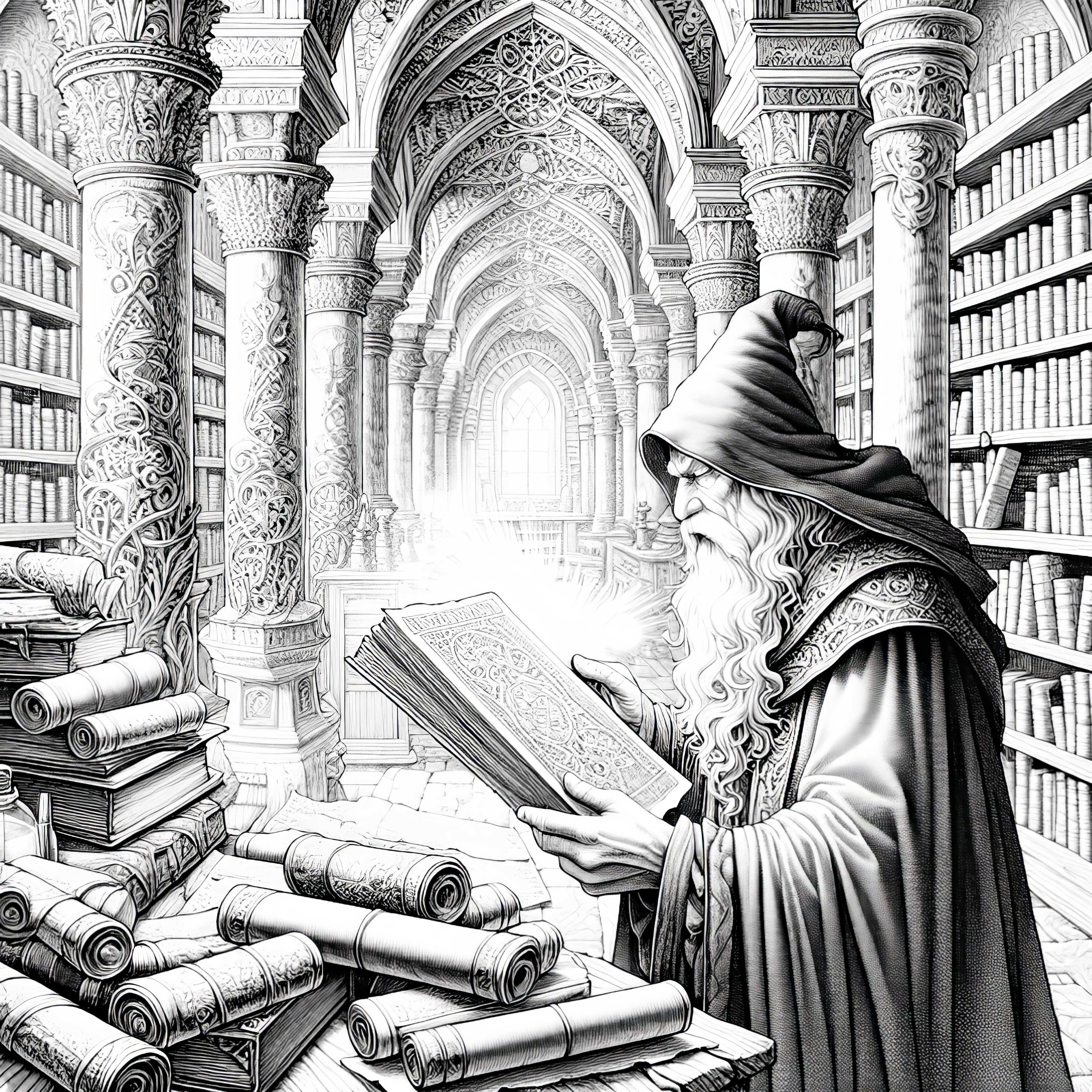 Mago studia antiche pergamene in una biblioteca polverosa: disegno da colorare di alta qualità (gratuito)