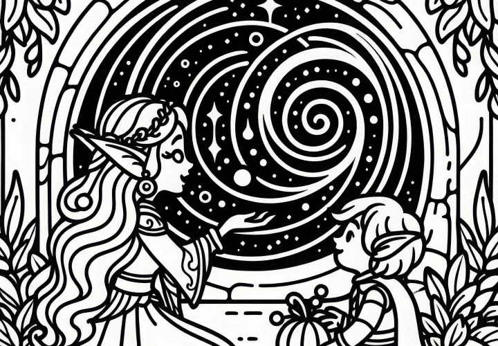 Dve elfy v rozhovore pred magickým portálom: omaľovanka na stiahnutie (zadarmo)
