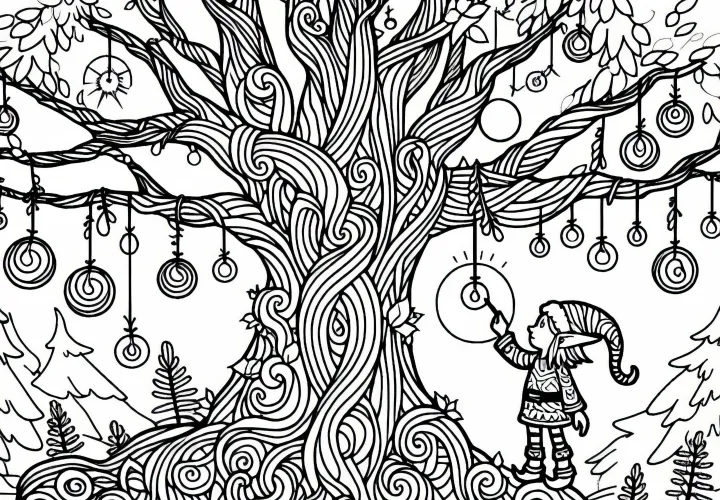 Elf zdobí starý strom žiarivými magickými ozdobami: omaľovánka na stiahnutie (zadarmo)