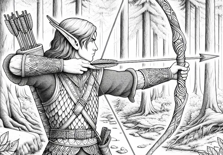 Elf strieľa s lukom v hustnom lese: detailná omaľovánka (zadarmo)