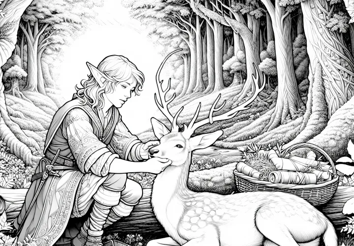 Elf lieči zraneného jeleňa v začarovanom lese: detailná omaľovánka (zadarmo)