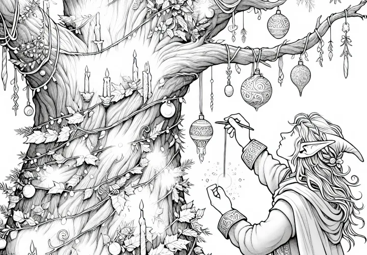 Elf ozdobuje starý strom svietiacimi, magickými ozdobami: omaľovánka na stiahnutie (zadarmo)