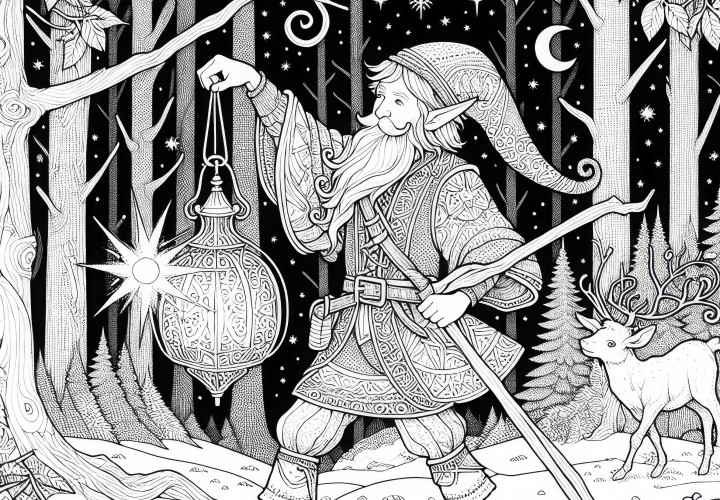 Orman açıklığında fenerle dans eden elf için boyama şablonu (ücretsiz) Orman açıklığında fenerle dans eden elf için boyama şablonu (Ücretsiz)