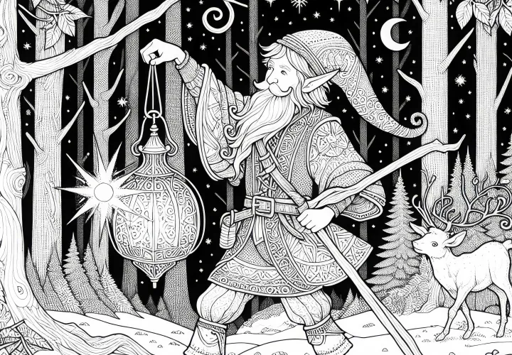 Elf tancuje s lampášom na lesnej čistine ako omaľovánka (zadarmo)