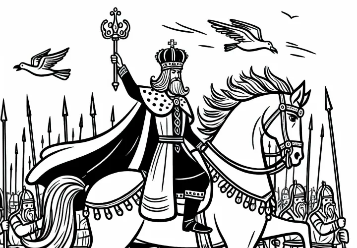 Koning leidt volk in de strijd en rijd op een machtig paard: kleurplaat om te downloaden (Gratis)