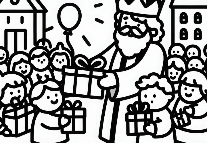 Koning deelt cadeaus uit aan het volk: Eenvoudige kleurplaat (Gratis)