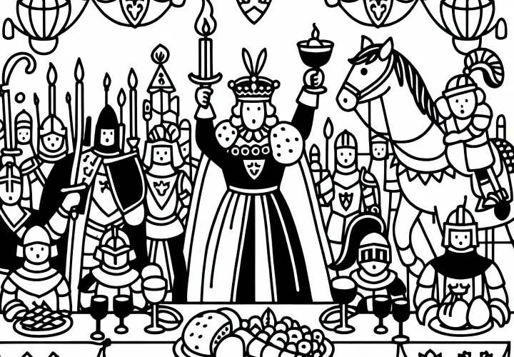 Koning viert groot banket met ridders en burgers: Kleurplaat te downloaden (Gratis)