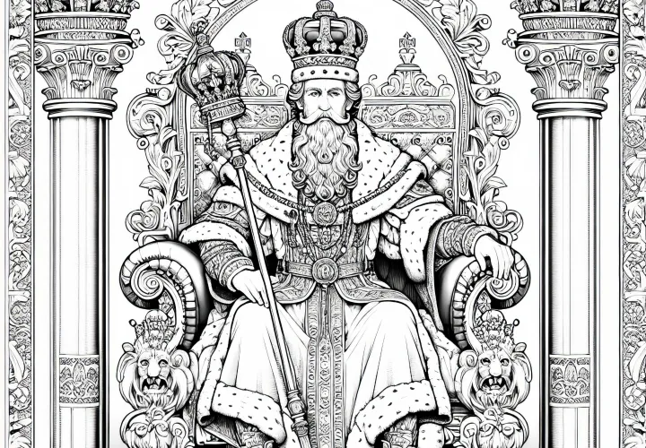 Koning zit op een prachtige troon met kroon en scepter als kleurplaat (gratis)