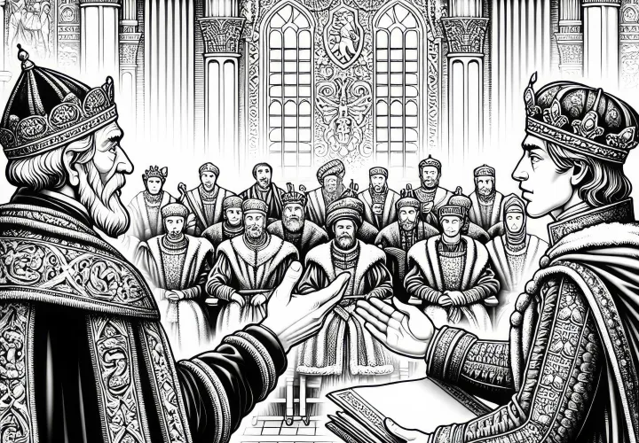 Koning houdt audiëntie en spreekt met gezanten: Kleurplaat in hoge kwaliteit (Gratis)