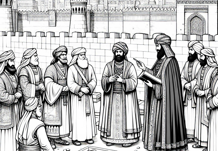 Kral, danışmanlarıyla birlikte yeni inşa edilen şehir surlarını denetliyor: Ücretsiz indirme için boyama sayfası Kral, danışmanlarıyla birlikte yeni inşa edilen şehir surlarını denetliyor: Ücretsiz indirme için boyama kitabı