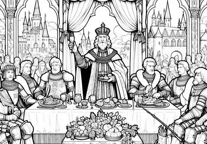 Koning viert groot banket met ridders en burgers: Gedetailleerde kleurplaat (Gratis)