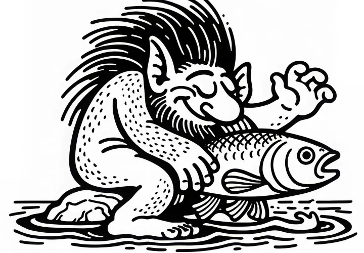 Troll sa hrá s veľkou rybou: Jednoduchý obrázok na vymaľovanie (Zadarmo)