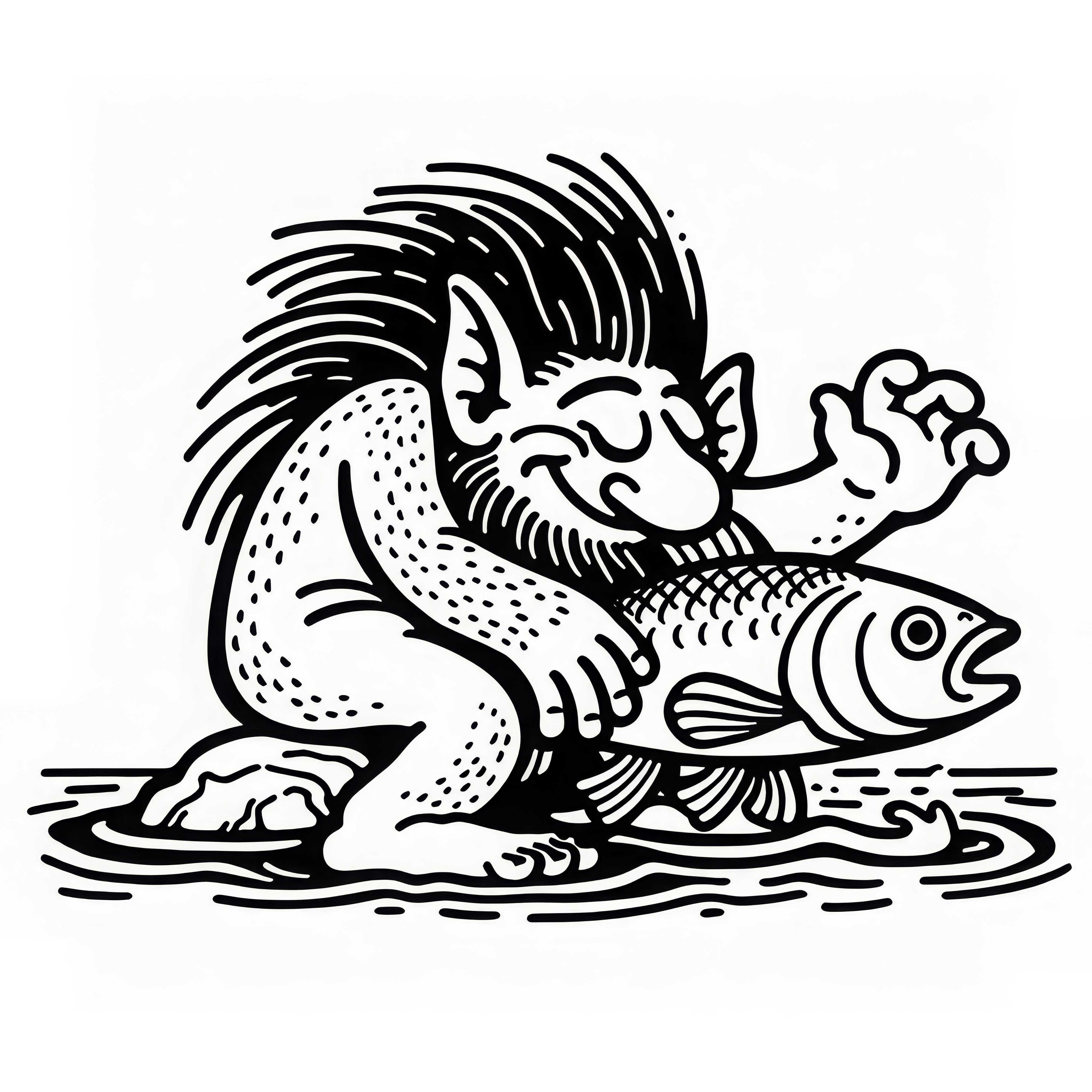 Il troll gioca con un grande pesce: semplice immagine da colorare (gratis)
