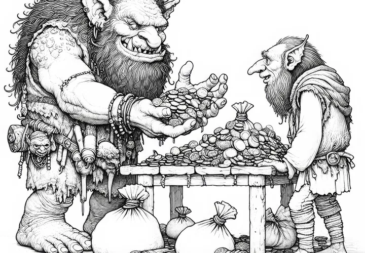 Troll sa háda s iným trollom o vrece plné koristi: Omalovánka na stiahnutie (zadarmo)