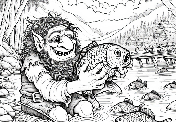 Trol, büyük balıkla oynuyor: Detaylı boyama şablonu (Ücretsiz) Troll büyük balıkla oynuyor: Detaylı boyama şablonu (Ücretsiz)
