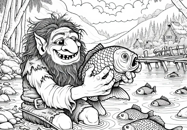 Troll sa hrá s veľkou rybou: Podrobný obrázok na maľovanie (Zdarma)