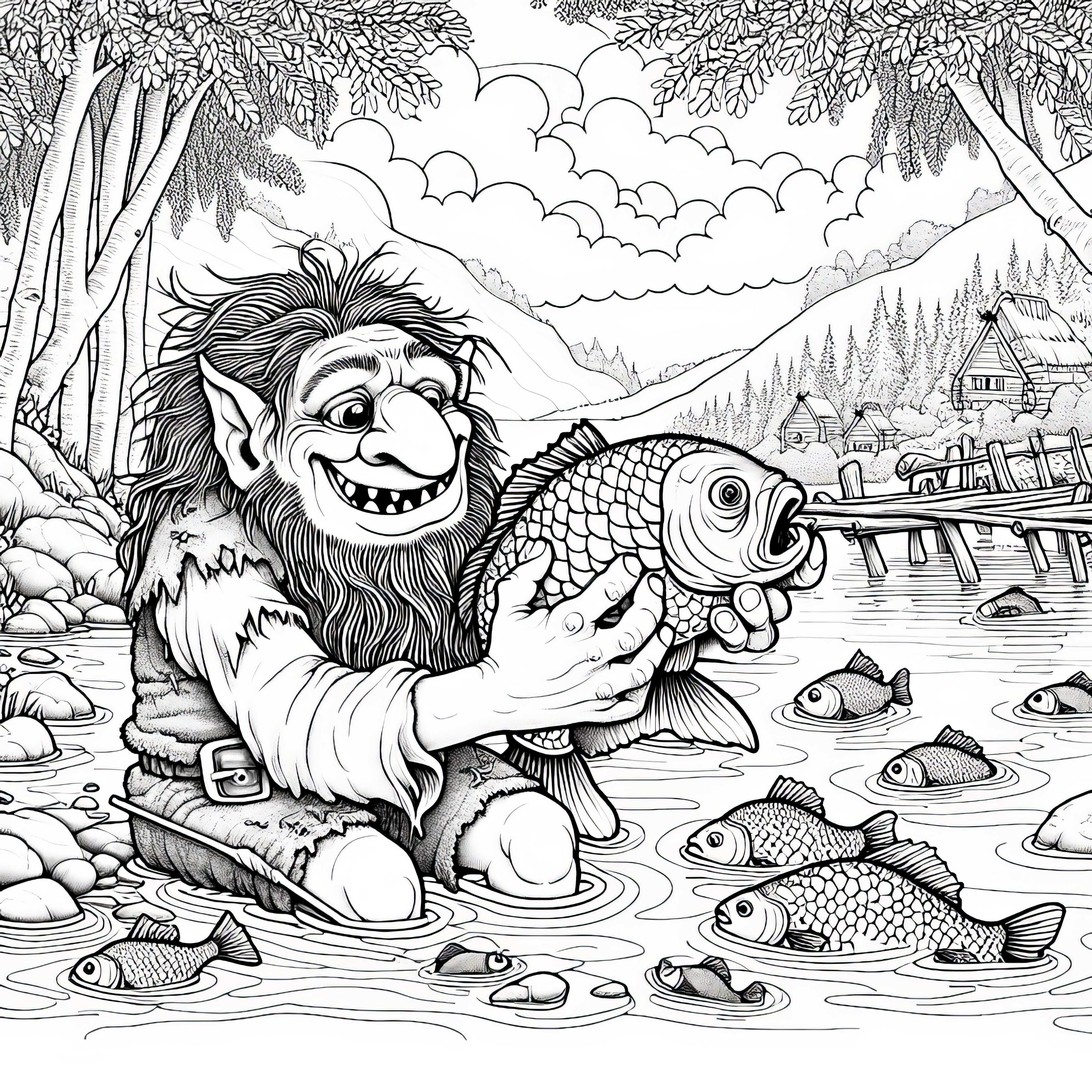 Il troll gioca con un grande pesce: Disegno da colorare dettagliato (gratuito)